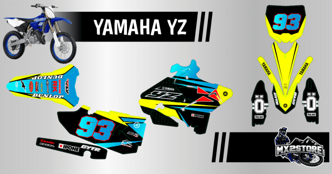kit deco - rebull - yz 125 - 250 yz - yamaha - jaune fluo - bleu - autocollants -