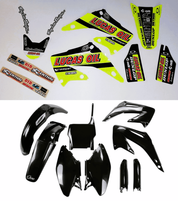 kit plastique - deco - cr 125 - cr 250 - honda - lucas oil - jaune fluo -