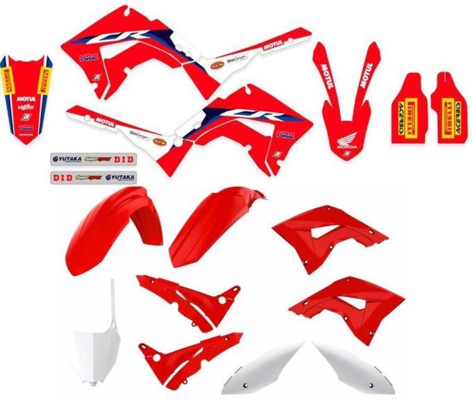 PACK kit plastique + kit déco HONDA -RESTYLED POLISPORT 2018 pour CR 125- 250 ( 2002 à 2008 )