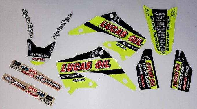 kit déco honda, cr, 125, 250, lucas oil , jaune fluo , 2002 , 2003 , 2004 , 2005 , 2006 , 2007 , 200